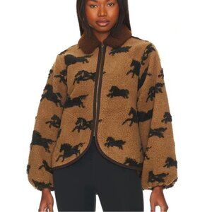 THE GREAT. Brown and Black Horse-Print Sherpa Zip Jacket